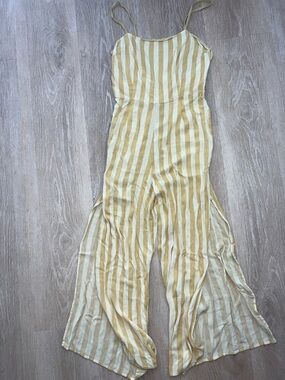 Amuse Society Yellow and Cream Striped Spaghetti-Strap Jumpsuit
